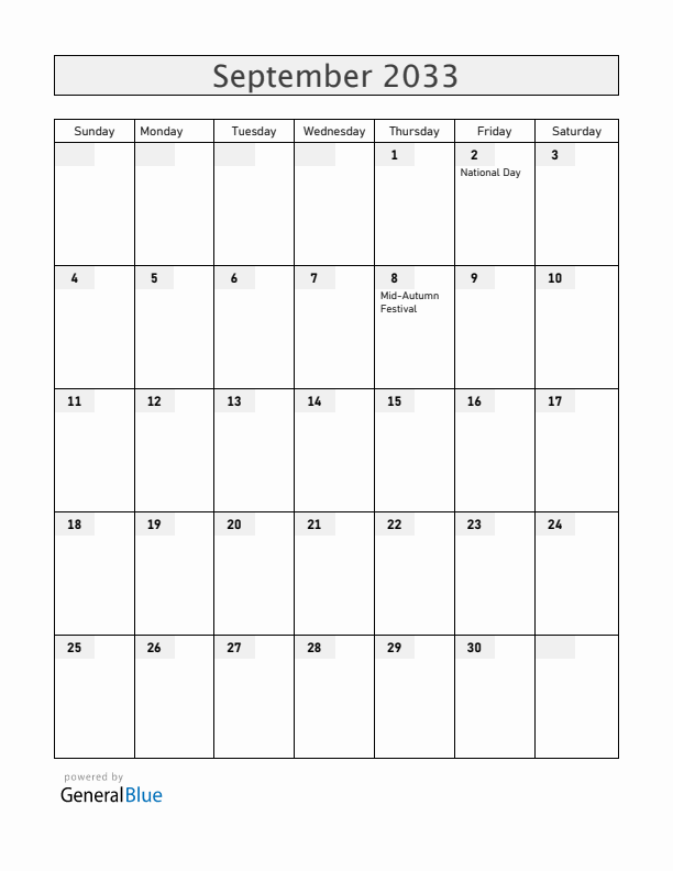 Vietnam September 2033 Calendar with Holidays