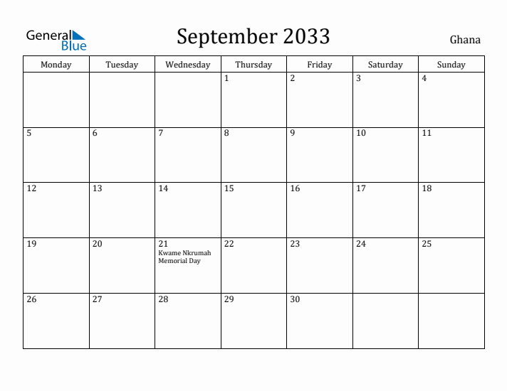September 2033 Calendar Ghana