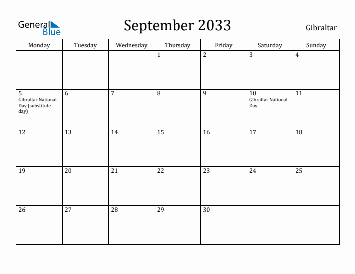 September 2033 Calendar Gibraltar