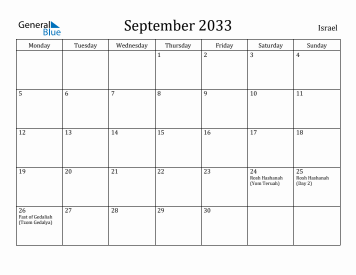 September 2033 Calendar Israel