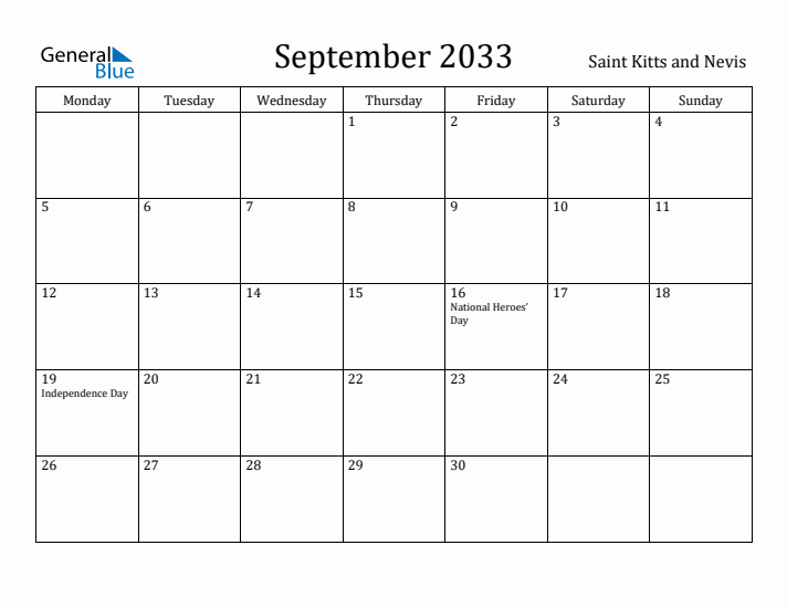 September 2033 Calendar Saint Kitts and Nevis