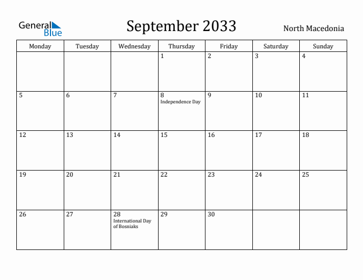 September 2033 Calendar North Macedonia