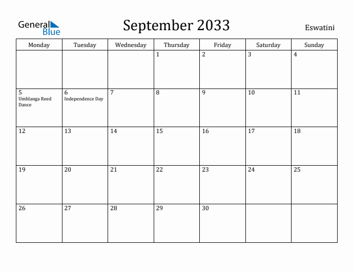 September 2033 Calendar Eswatini