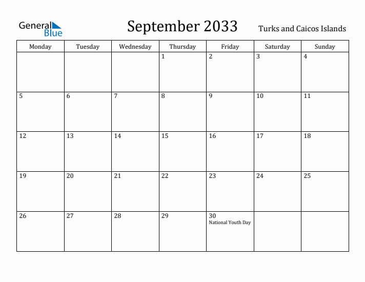 September 2033 Calendar Turks and Caicos Islands
