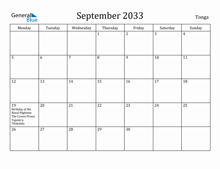 September 2033 Calendar Tonga