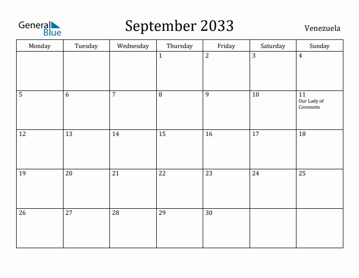September 2033 Calendar Venezuela