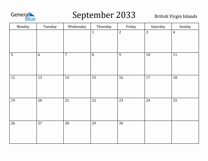 September 2033 Calendar British Virgin Islands