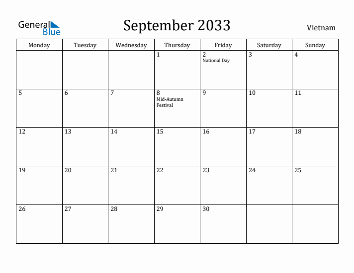 September 2033 Calendar Vietnam
