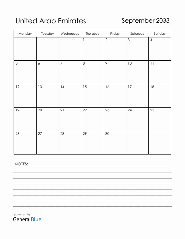September 2033 United Arab Emirates Calendar with Holidays (Monday Start)