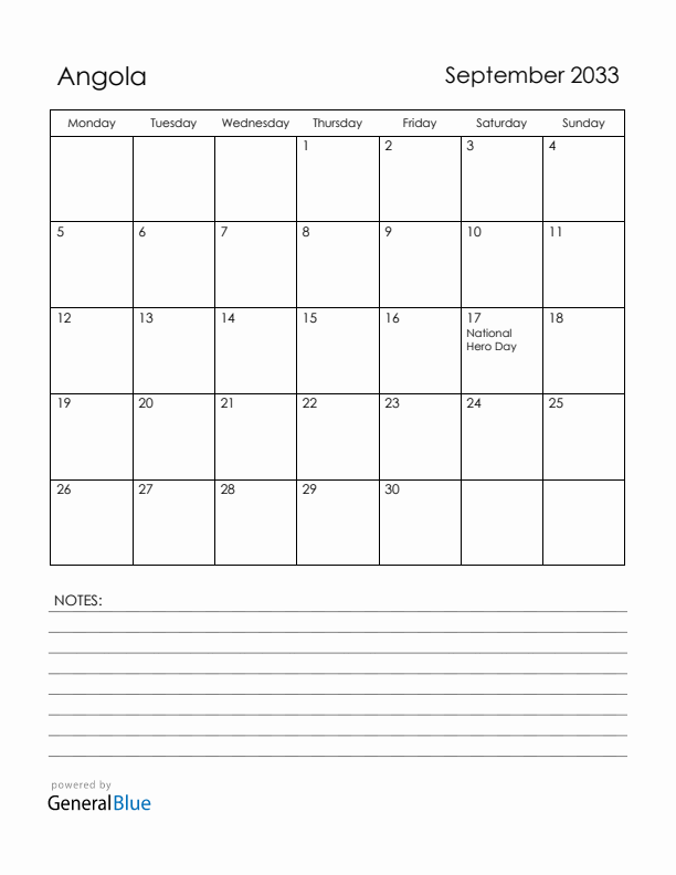 September 2033 Angola Calendar with Holidays (Monday Start)