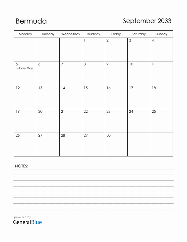 September 2033 Bermuda Calendar with Holidays (Monday Start)
