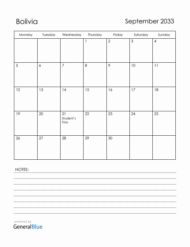 September 2033 Bolivia Calendar with Holidays (Monday Start)