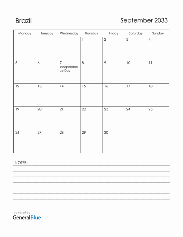 September 2033 Brazil Calendar with Holidays (Monday Start)
