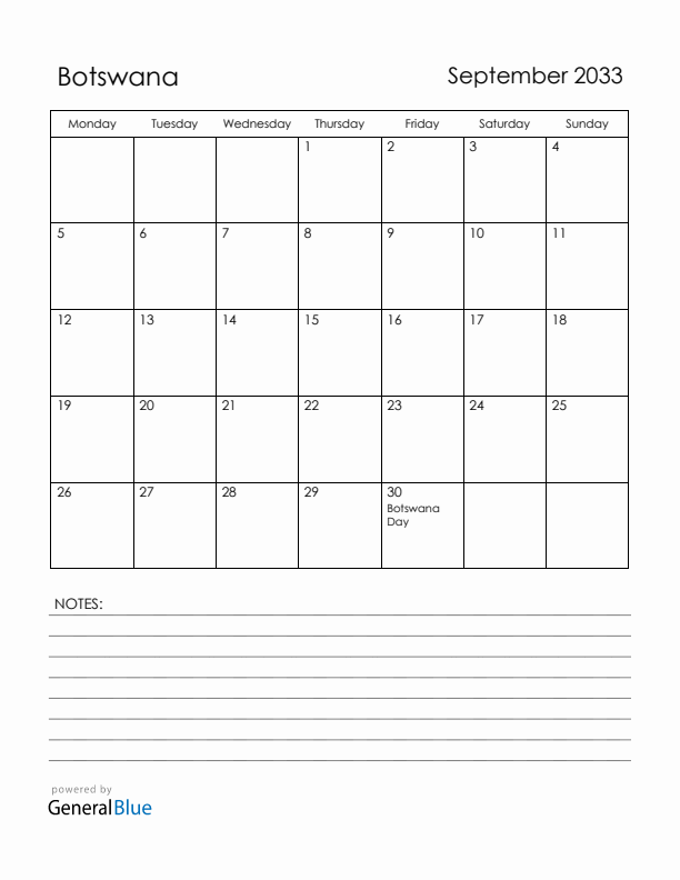 September 2033 Botswana Calendar with Holidays (Monday Start)