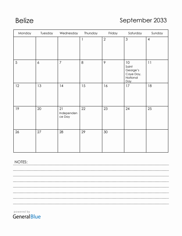 September 2033 Belize Calendar with Holidays (Monday Start)