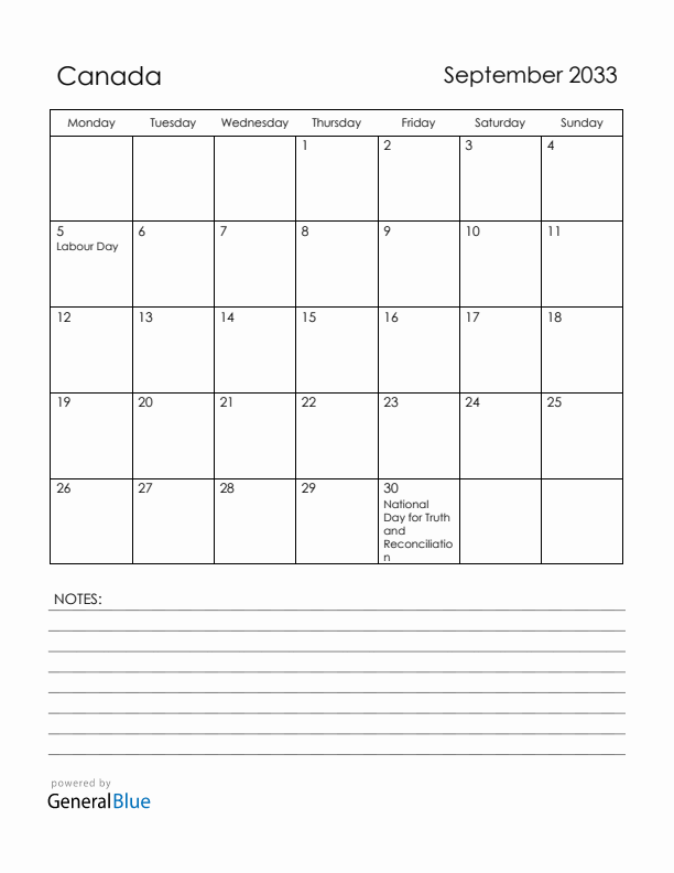 September 2033 Canada Calendar with Holidays (Monday Start)