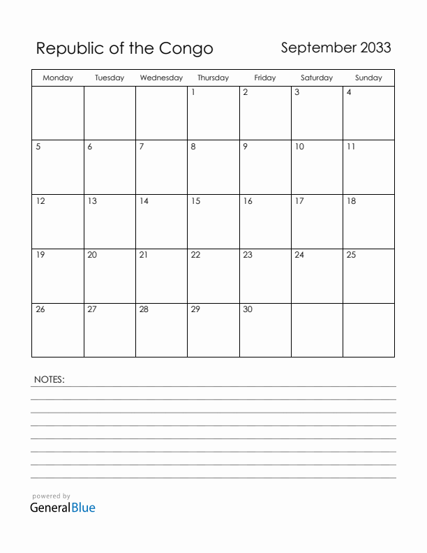 September 2033 Republic of the Congo Calendar with Holidays (Monday Start)