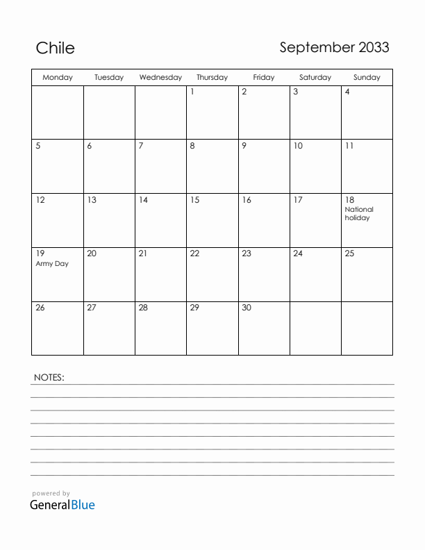 September 2033 Chile Calendar with Holidays (Monday Start)
