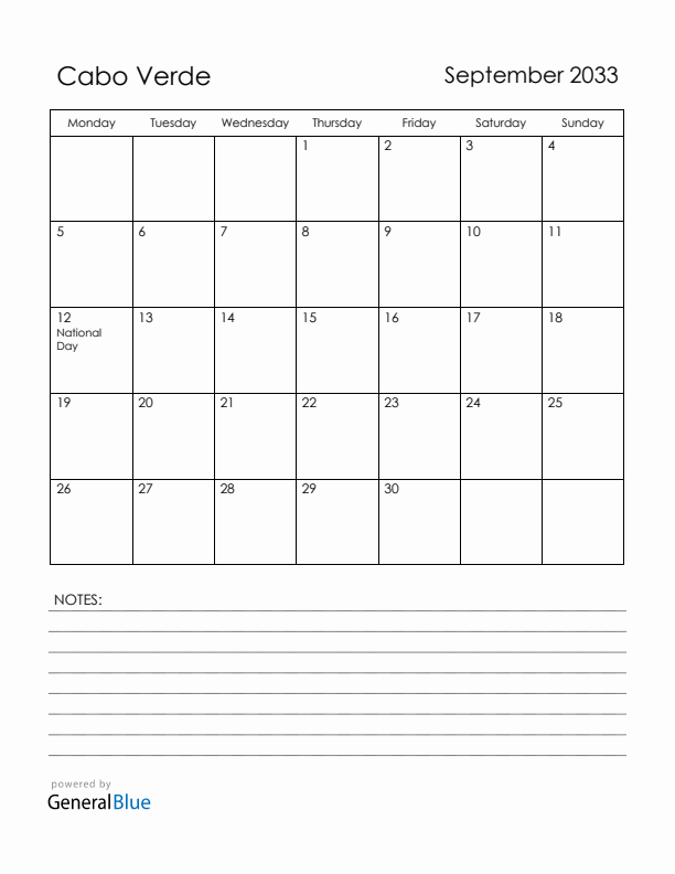 September 2033 Cabo Verde Calendar with Holidays (Monday Start)