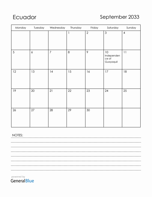 September 2033 Ecuador Calendar with Holidays (Monday Start)