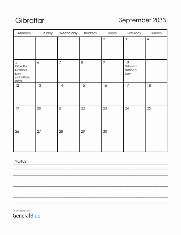 September 2033 Gibraltar Calendar with Holidays (Monday Start)