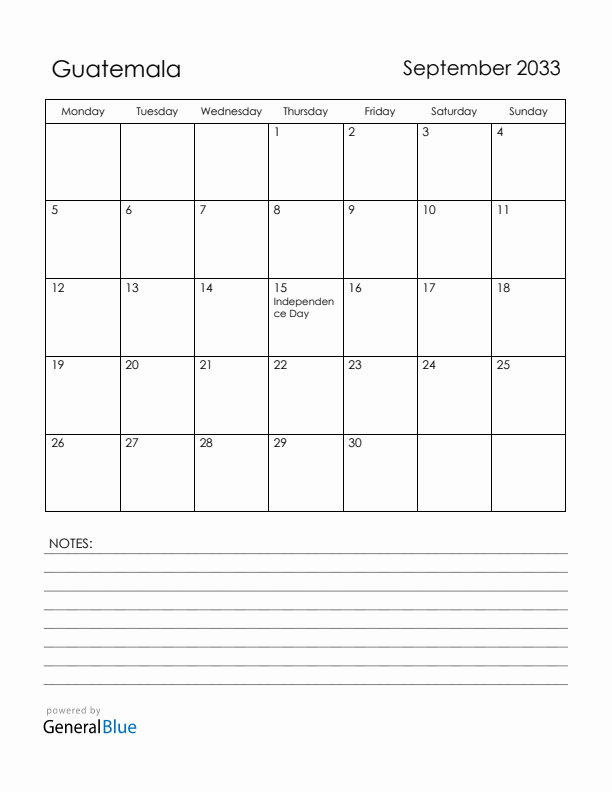September 2033 Guatemala Calendar with Holidays (Monday Start)