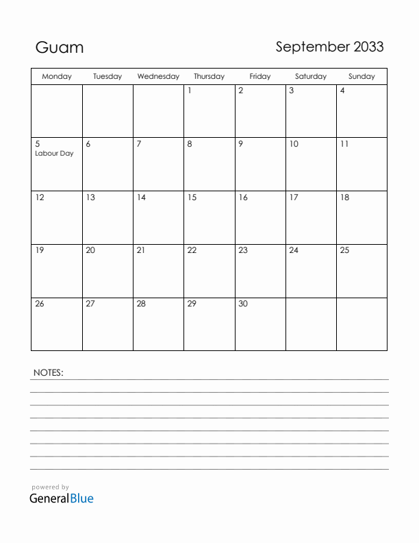 September 2033 Guam Calendar with Holidays (Monday Start)