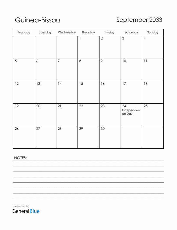 September 2033 Guinea-Bissau Calendar with Holidays (Monday Start)