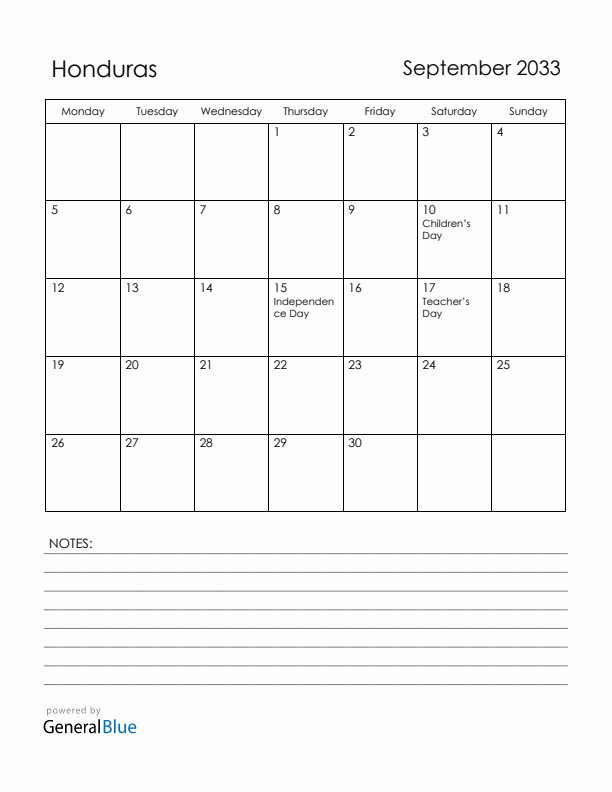 September 2033 Honduras Calendar with Holidays (Monday Start)