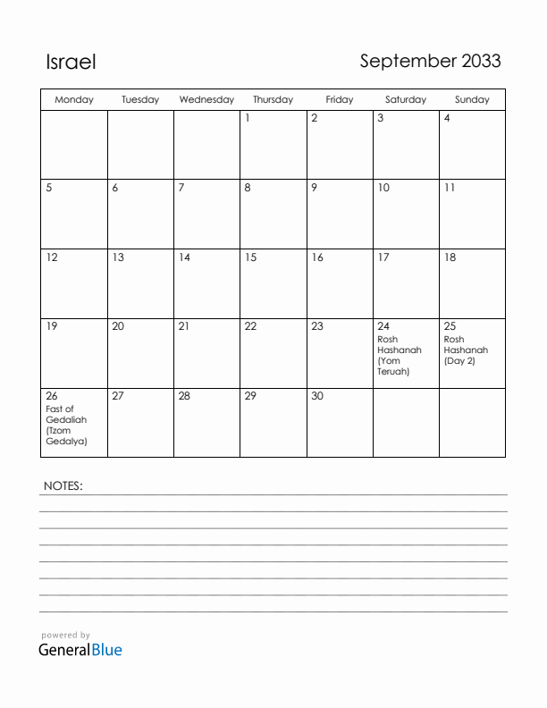 September 2033 Israel Calendar with Holidays (Monday Start)