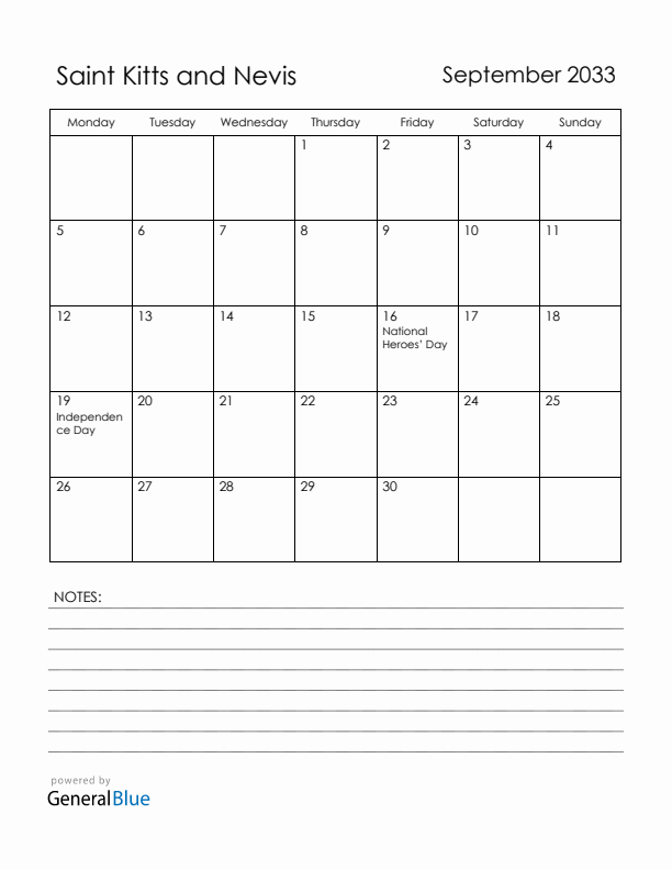 September 2033 Saint Kitts and Nevis Calendar with Holidays (Monday Start)