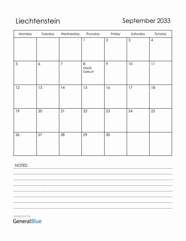 September 2033 Liechtenstein Calendar with Holidays (Monday Start)