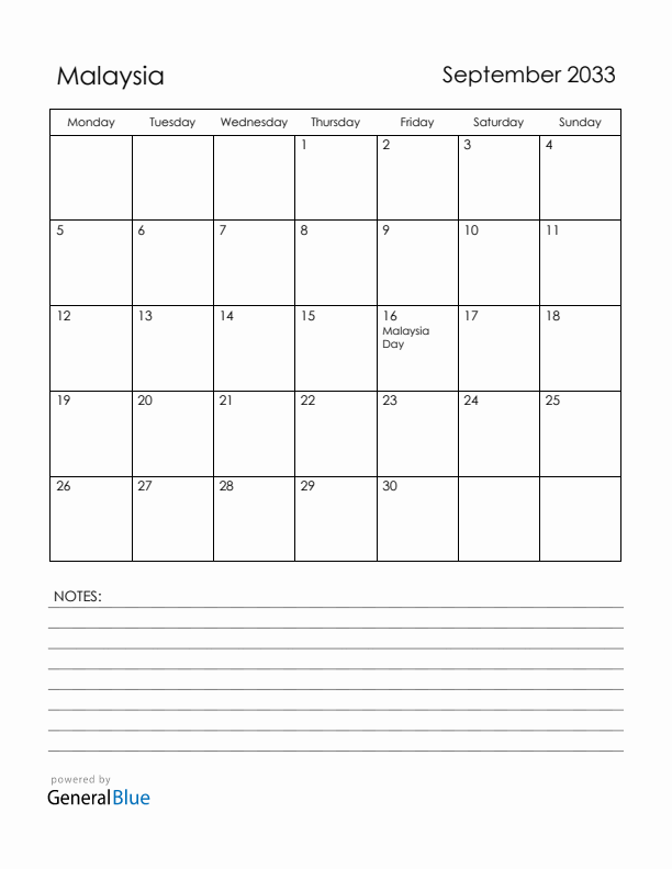 September 2033 Malaysia Calendar with Holidays (Monday Start)