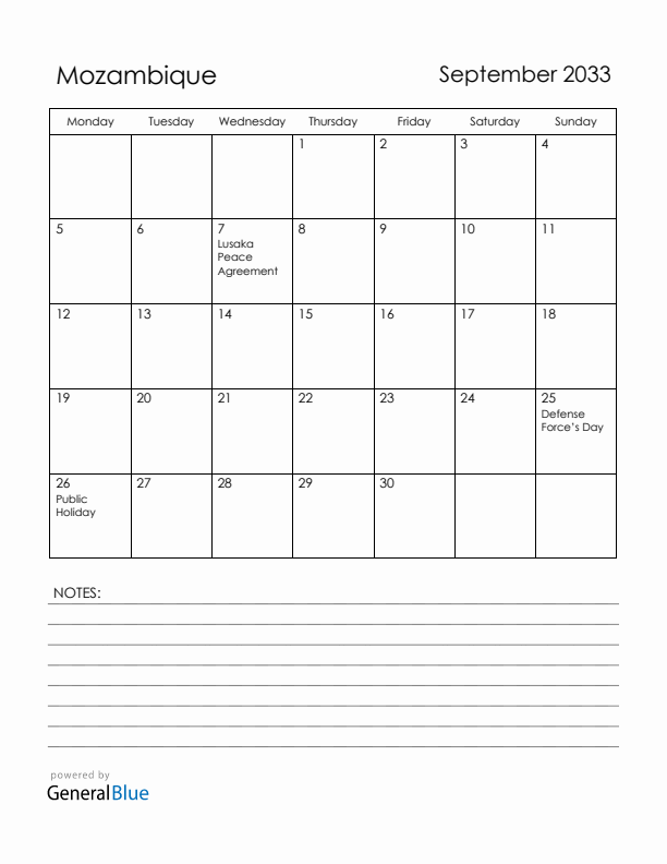 September 2033 Mozambique Calendar with Holidays (Monday Start)