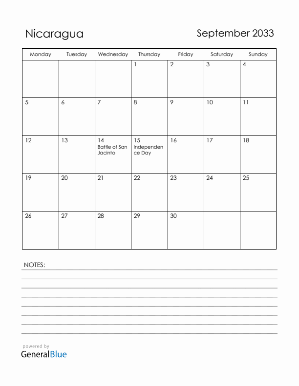 September 2033 Nicaragua Calendar with Holidays (Monday Start)