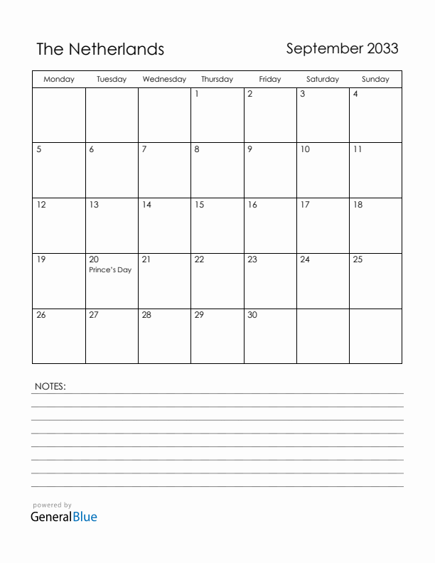 September 2033 The Netherlands Calendar with Holidays (Monday Start)