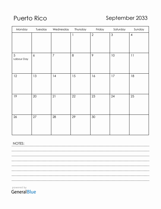 September 2033 Puerto Rico Calendar with Holidays (Monday Start)