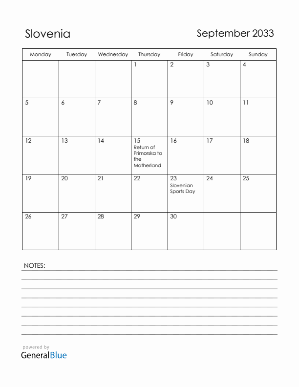September 2033 Slovenia Calendar with Holidays (Monday Start)