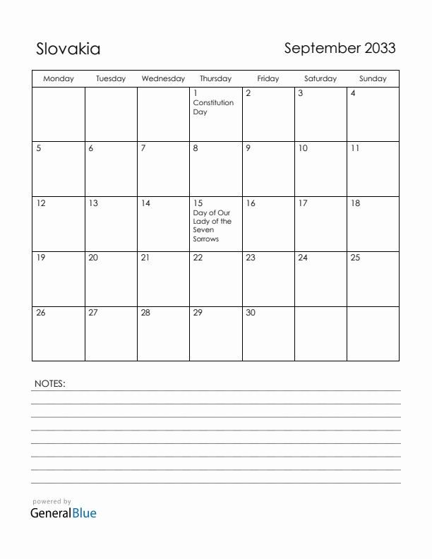 September 2033 Slovakia Calendar with Holidays (Monday Start)