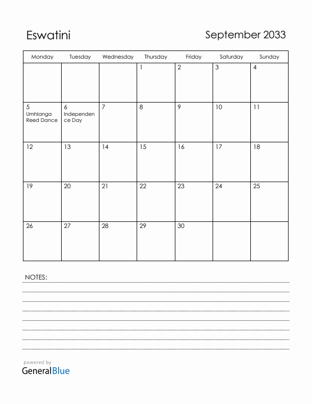 September 2033 Eswatini Calendar with Holidays (Monday Start)