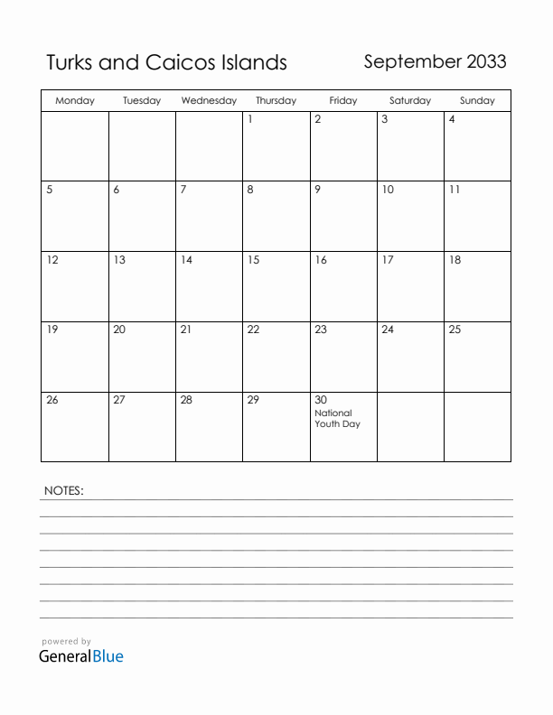 September 2033 Turks and Caicos Islands Calendar with Holidays (Monday Start)
