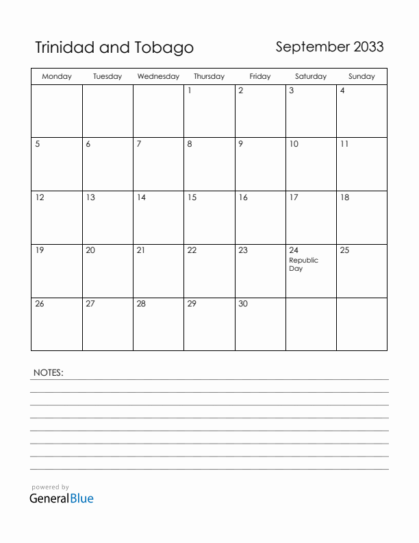 September 2033 Trinidad and Tobago Calendar with Holidays (Monday Start)