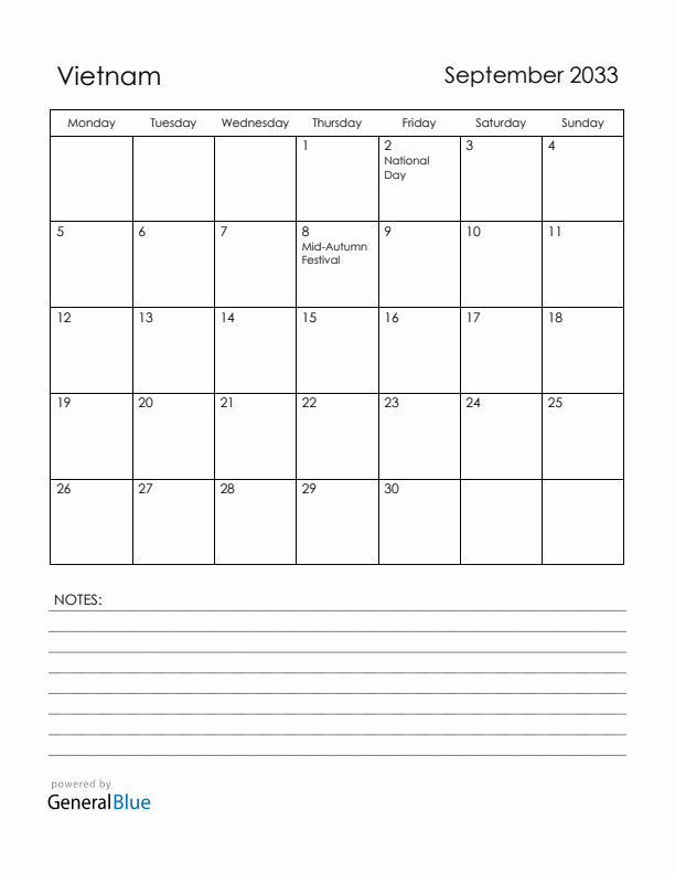 September 2033 Vietnam Calendar with Holidays (Monday Start)