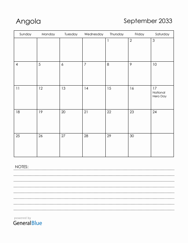 September 2033 Angola Calendar with Holidays (Sunday Start)