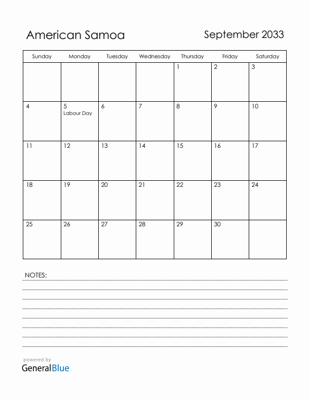 September 2033 American Samoa Calendar with Holidays (Sunday Start)