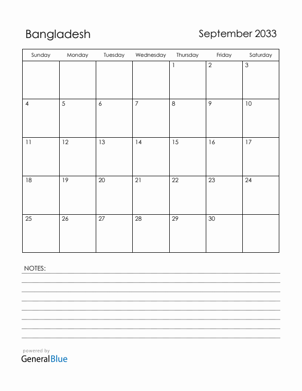 September 2033 Bangladesh Calendar with Holidays (Sunday Start)