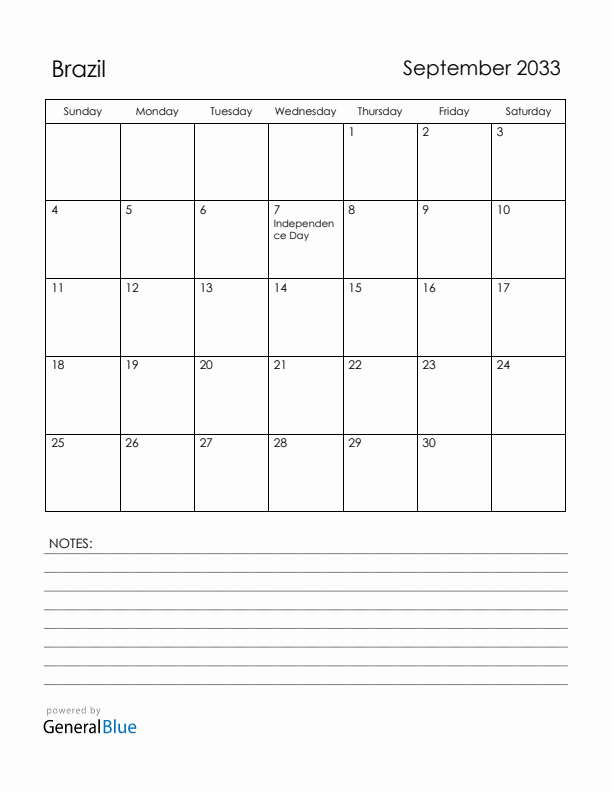 September 2033 Brazil Calendar with Holidays (Sunday Start)
