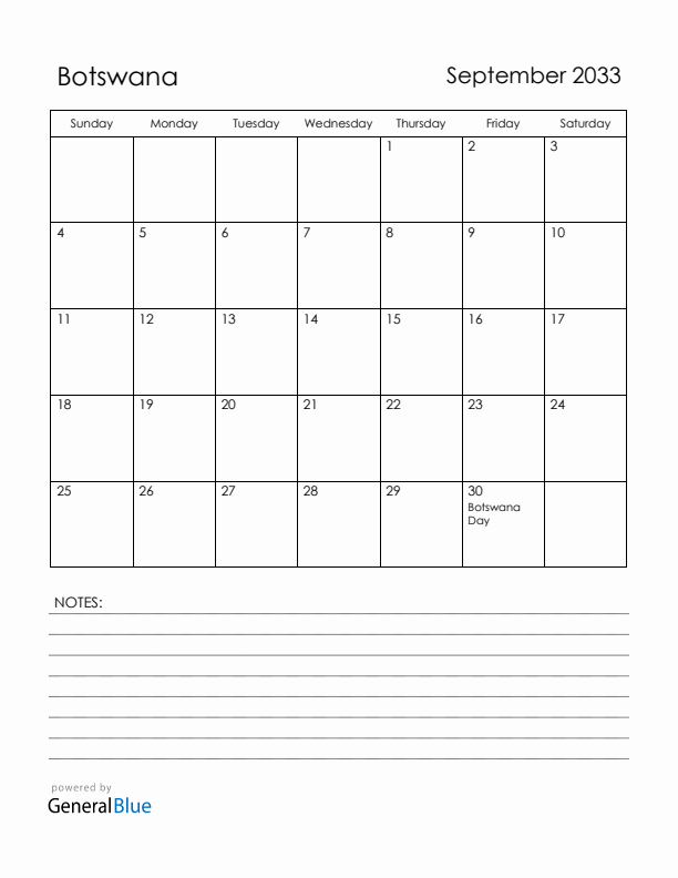 September 2033 Botswana Calendar with Holidays (Sunday Start)