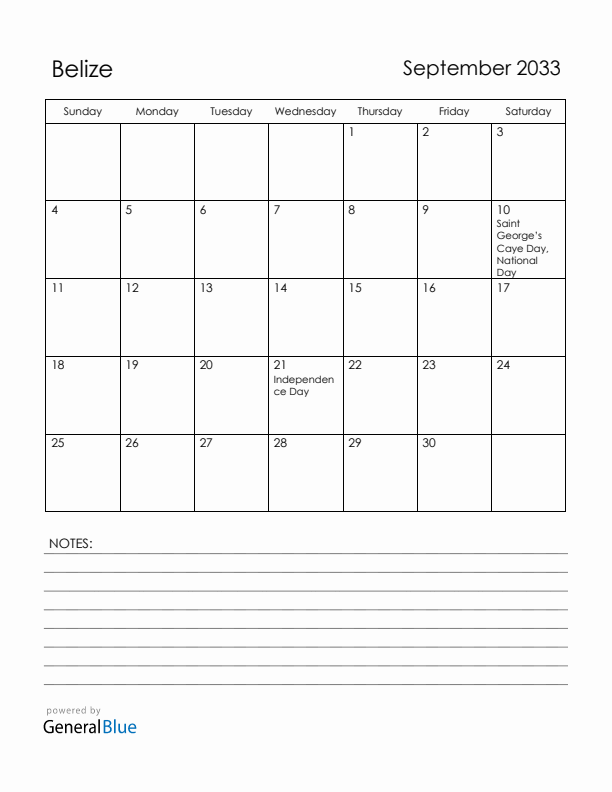 September 2033 Belize Calendar with Holidays (Sunday Start)