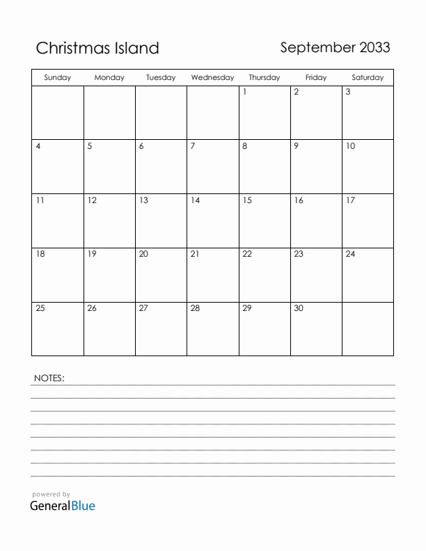September 2033 Christmas Island Calendar with Holidays (Sunday Start)